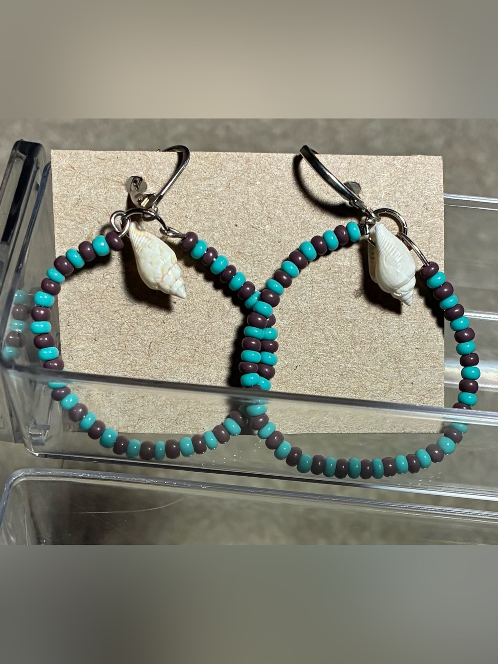 Turquoise & Dark Purple Beaded Hoop Earrings with Shell Charm